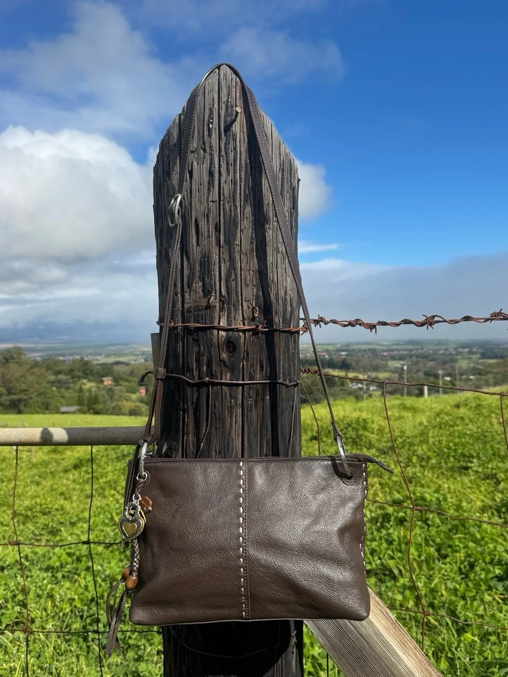 Brighton Koda Brown Leather Hobo Crossbody Tassle heart F367405
